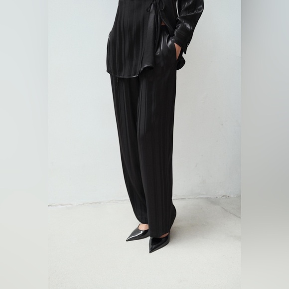 NWT Zara Black Jacquard Striped Wide-leg Pants XL - Picture 4 of 5